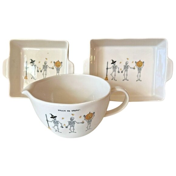 Rae Dunn Other - RAE DUNN Halloween DANCING SKELETONS Mixing Bowl & 2 Baking Tray Bakeware Set